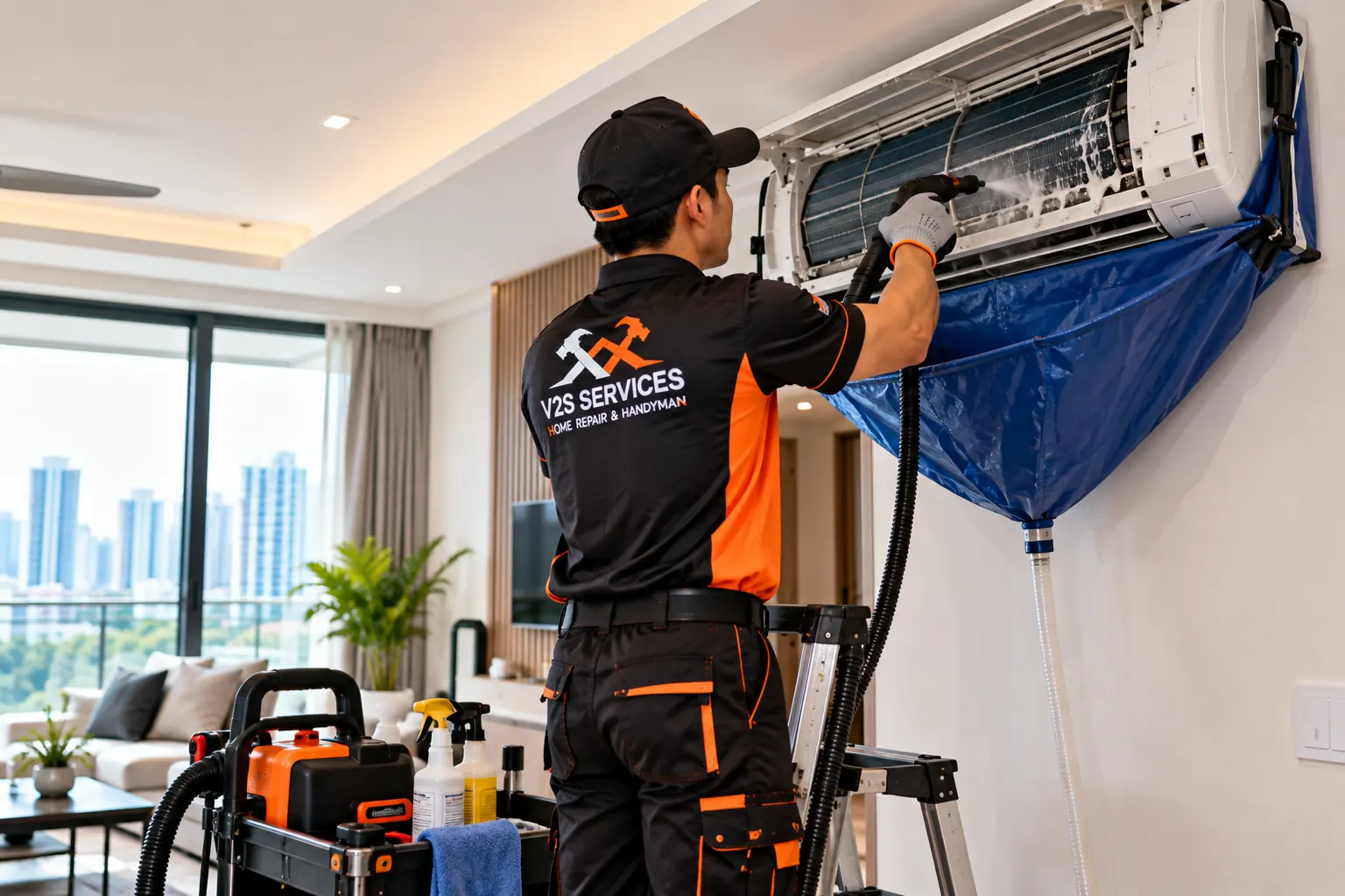 Technician cleaning an aircon indoor unit coil with a protective drip cover fitted