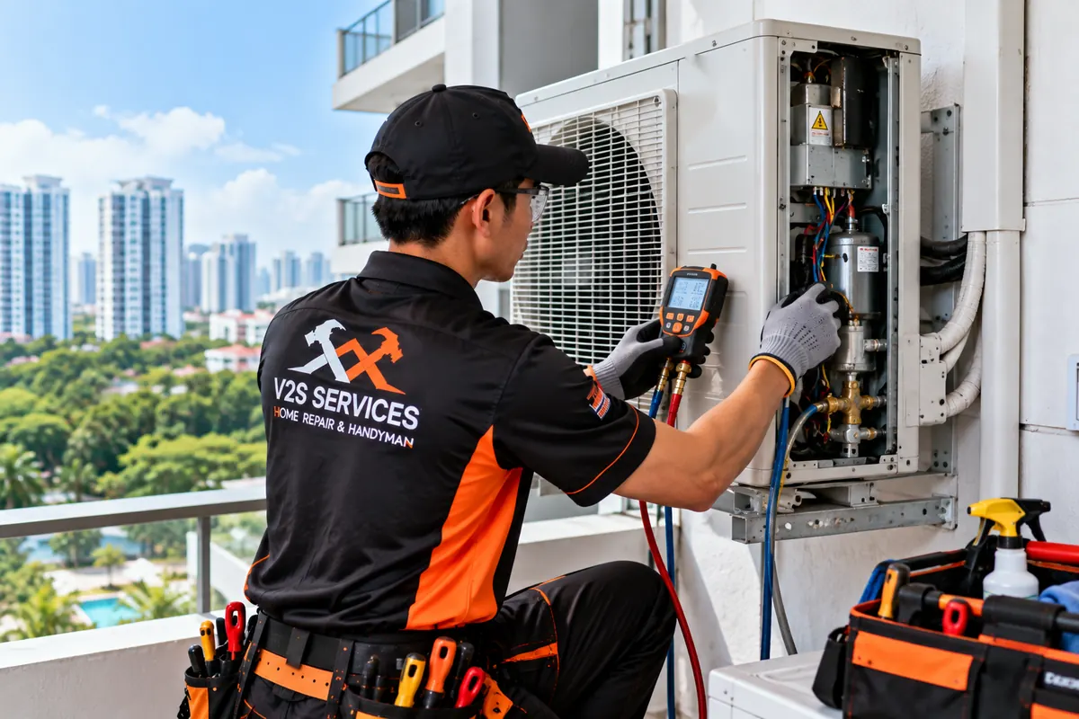 Technician checking an outdoor aircon condenser with a pressure gauge
