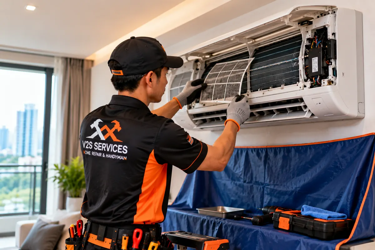 Technician removing the filter from a wall-mounted aircon unit
