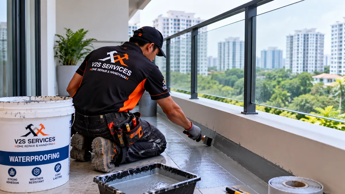 Technician brushing waterproof coating along a balcony edge