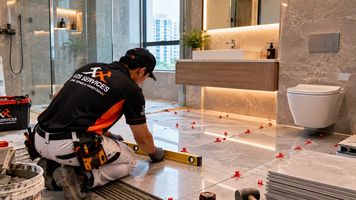 Tiler checking floor tile level with tile spacers in place