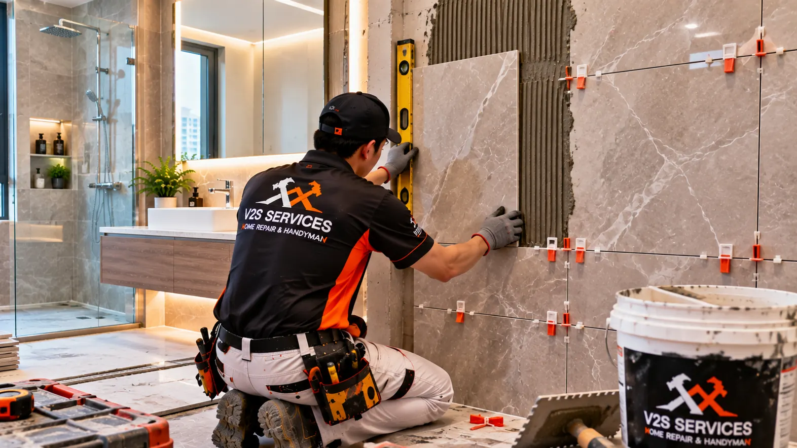 Tiler setting a large marble-look wall tile with a spirit level