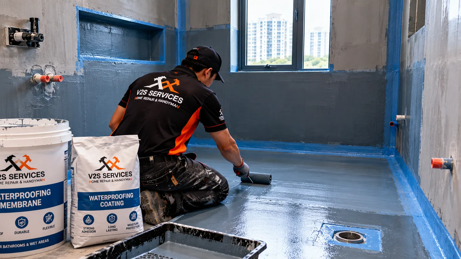 Technician rolling waterproofing membrane across a bathroom floor