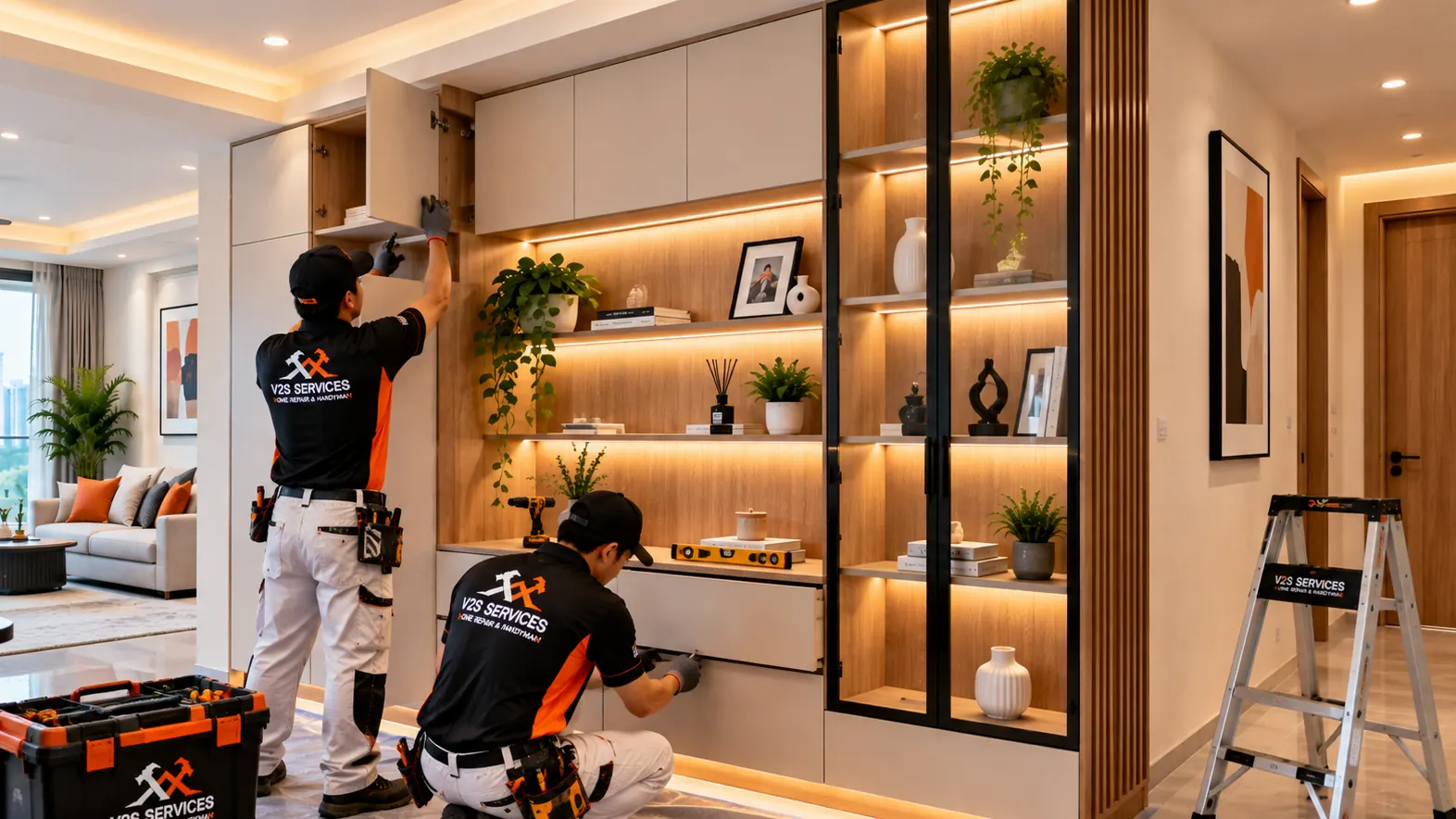 Two technicians installing drawers and doors on a built-in cabinet
