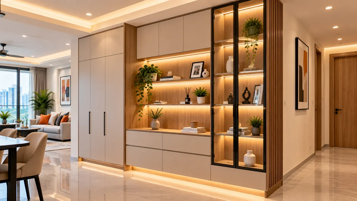 Built-in display cabinet with lit open shelves and glass doors