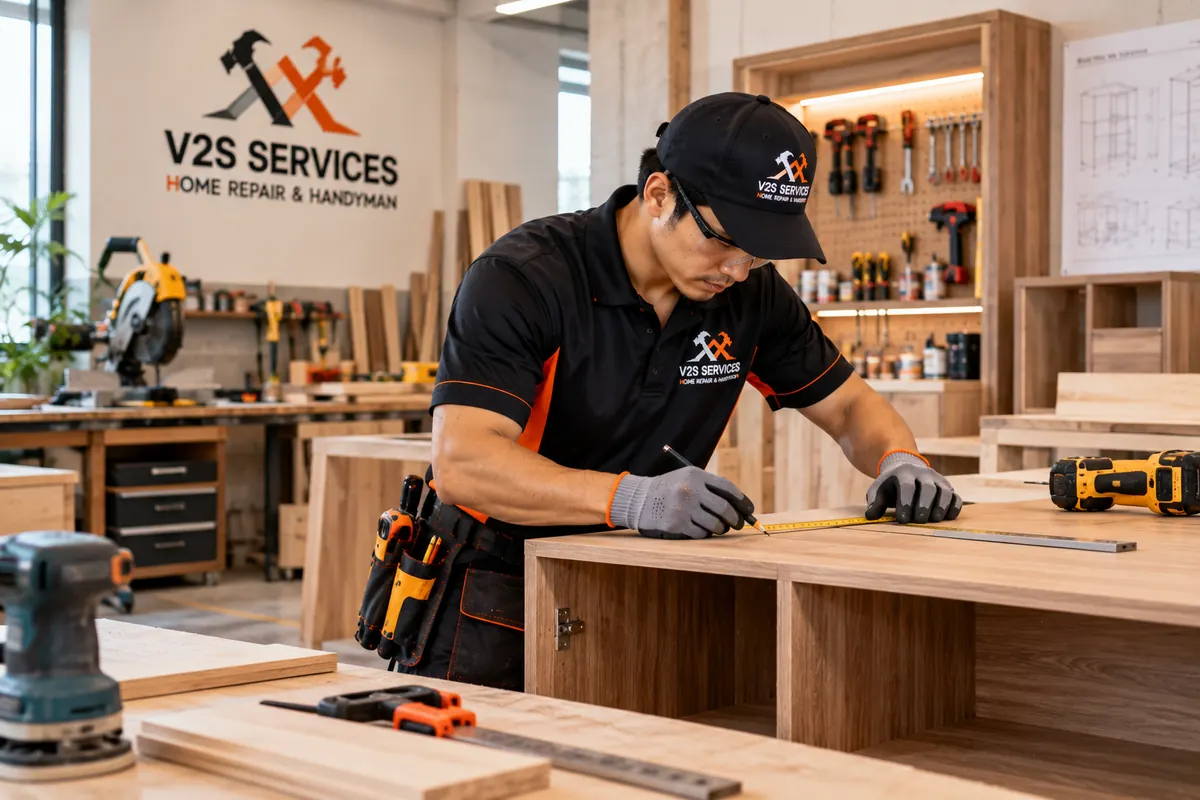 Carpenter measuring and marking a cabinet panel in a workshop