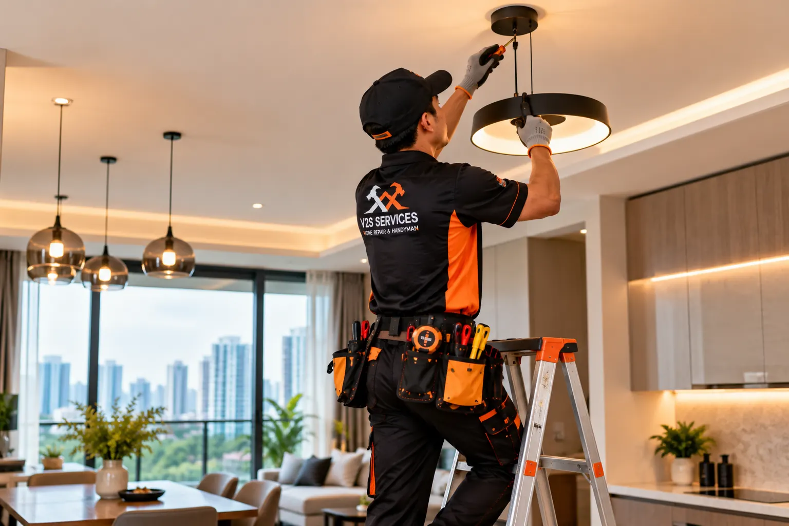 Technician on a ladder fitting a ceiling light