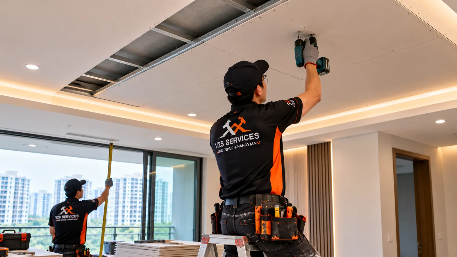Technician screwing a ceiling board onto a metal frame