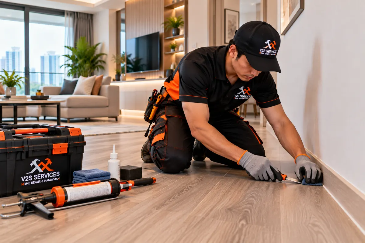 Technician finishing the edge where new flooring meets the skirting