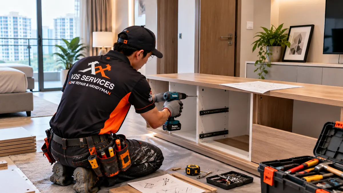 Technician assembling a TV console with a cordless drill