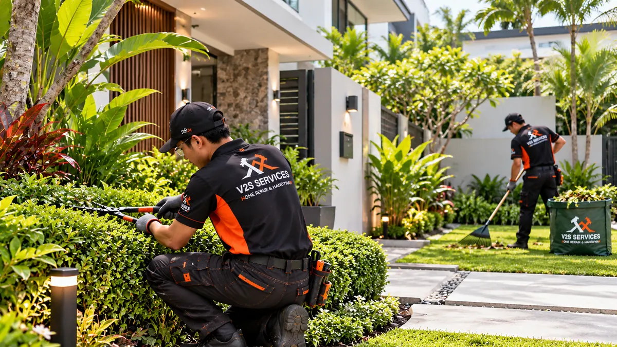 Gardener pruning shrubs while a colleague rakes the lawn