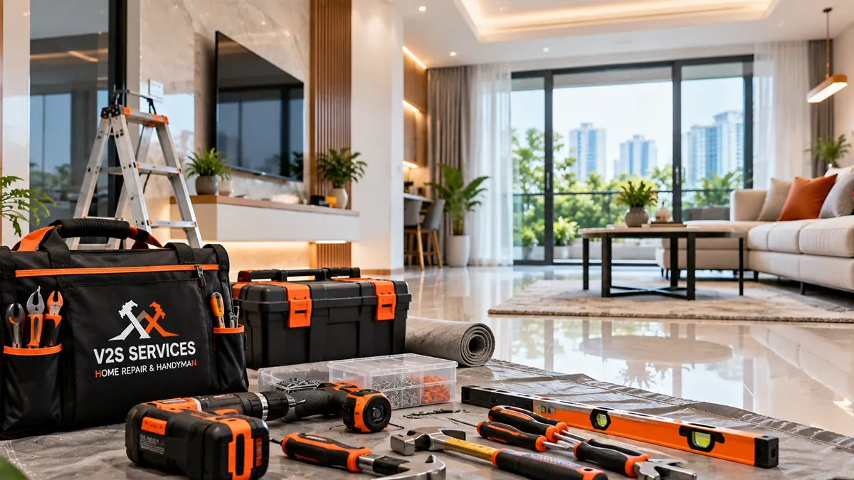 V2S Services tool bag, toolbox and hand tools laid out in a living room