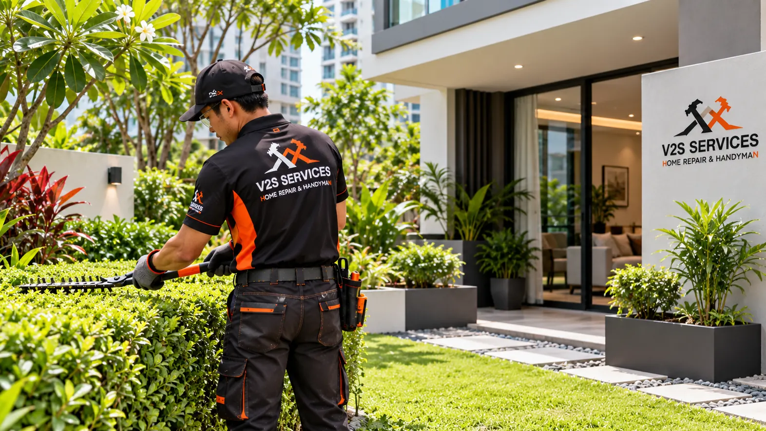 Gardener trimming a hedge in front of a landed home