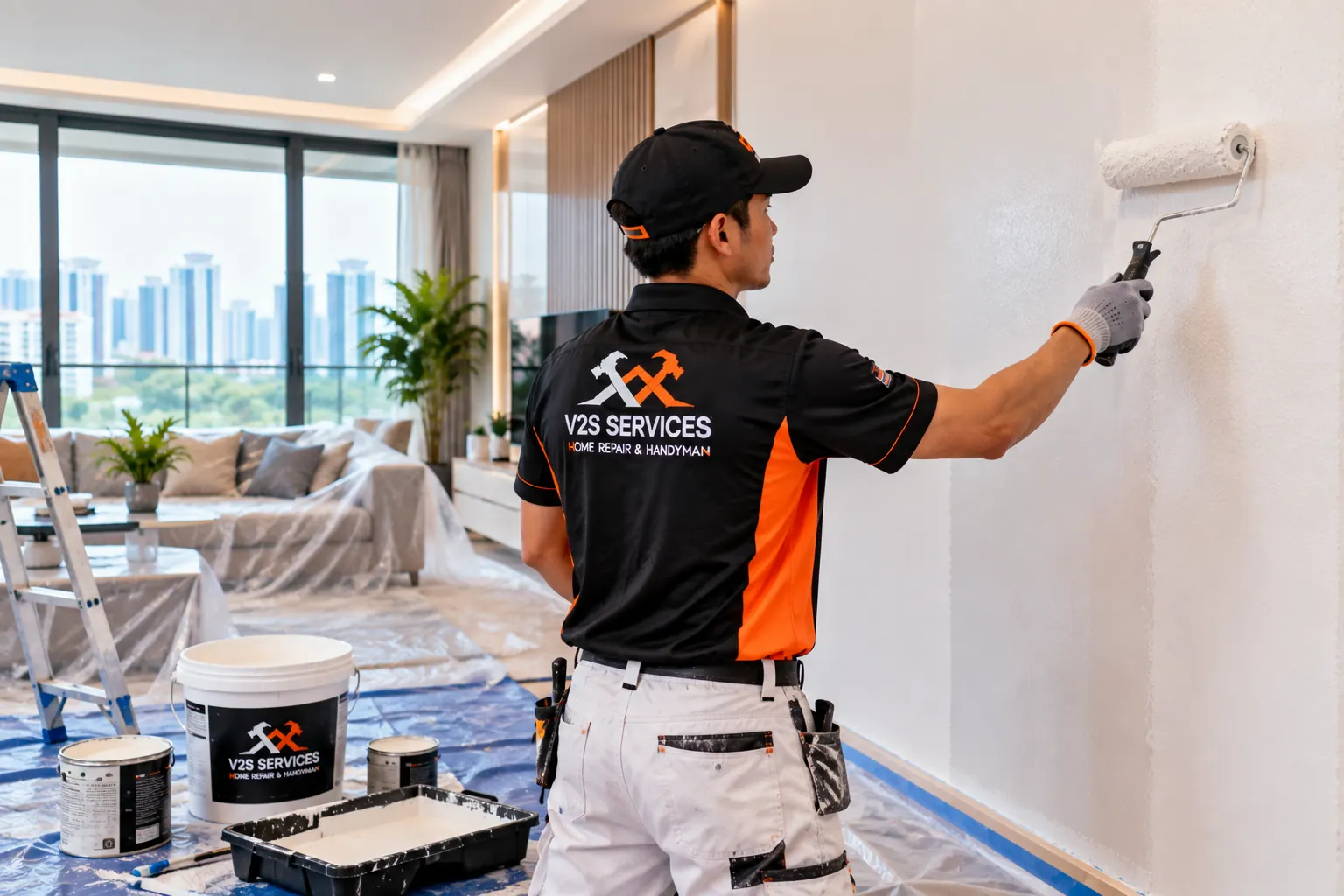 Painter rolling white paint onto a living room wall with furniture covered