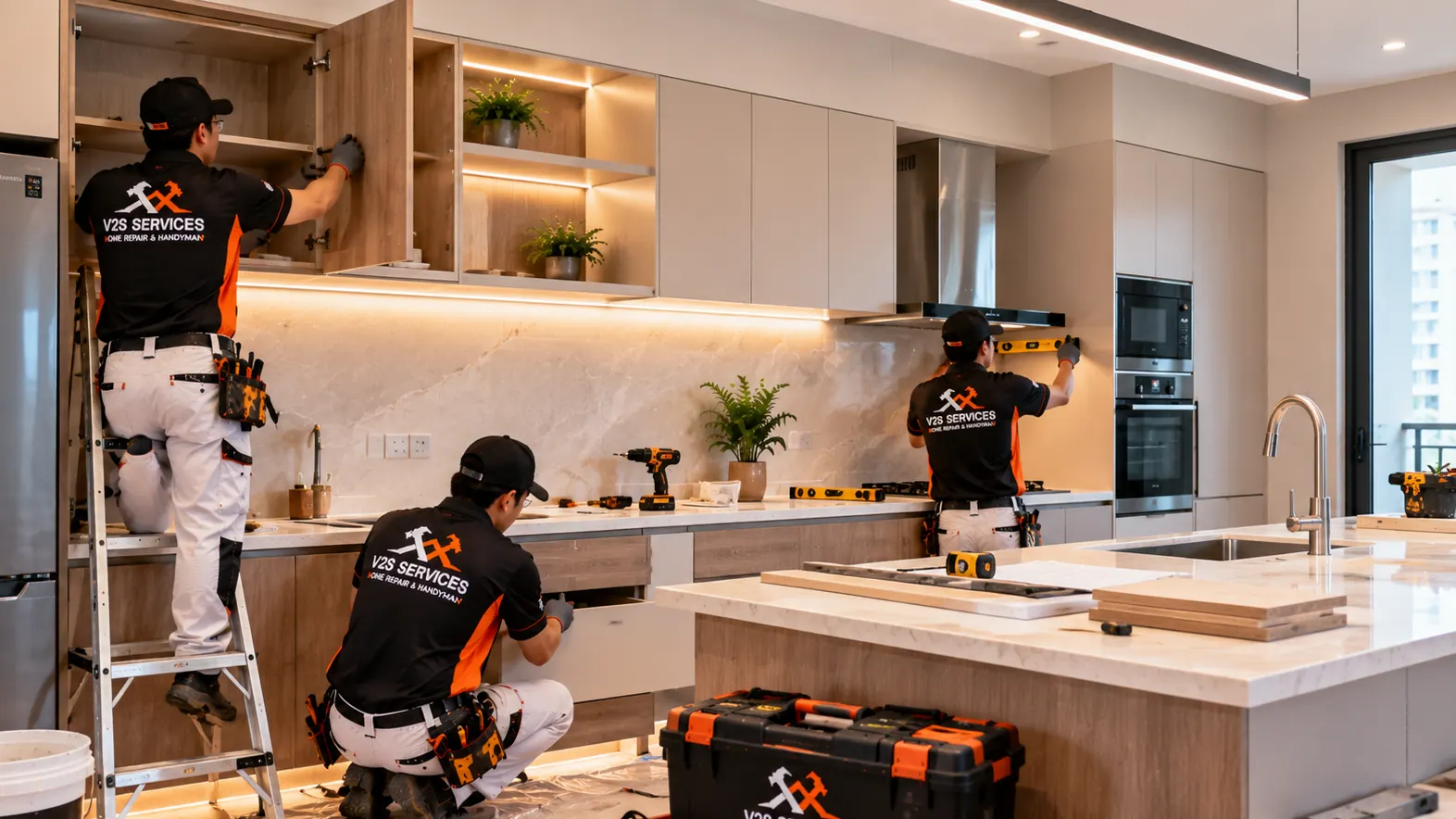 Technicians installing kitchen cabinets and levelling a wall unit