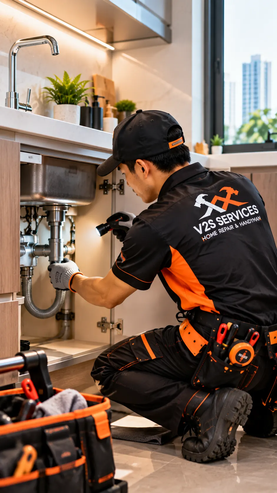 Technician inspecting the pipes under a kitchen sink with a torch