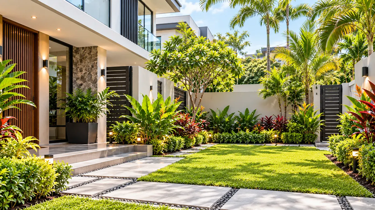 Front garden with a lawn, stepping-stone path and tropical planting
