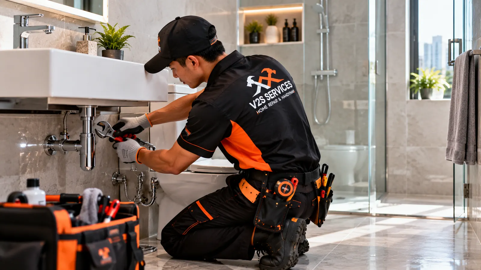 Technician tightening a basin pipe fitting under a bathroom sink