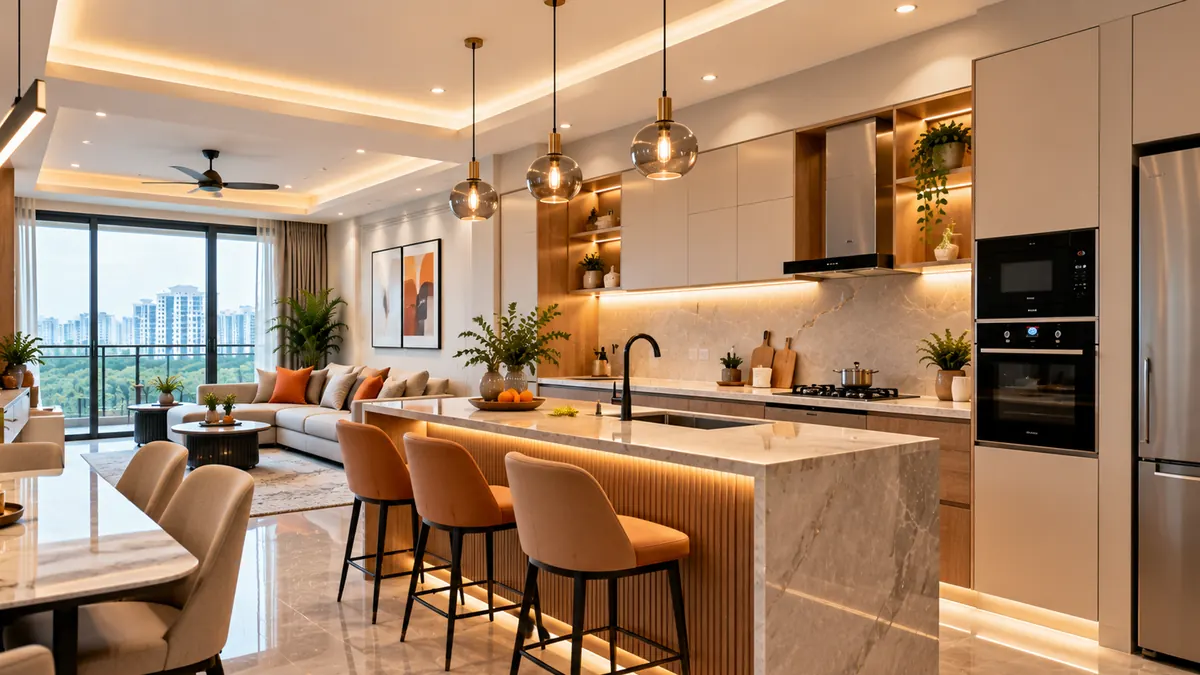 Open kitchen with an island counter, pendant lights and built-in appliances
