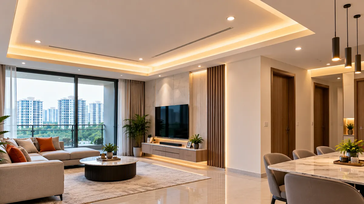 Living room with a recessed lighting ceiling and feature TV wall