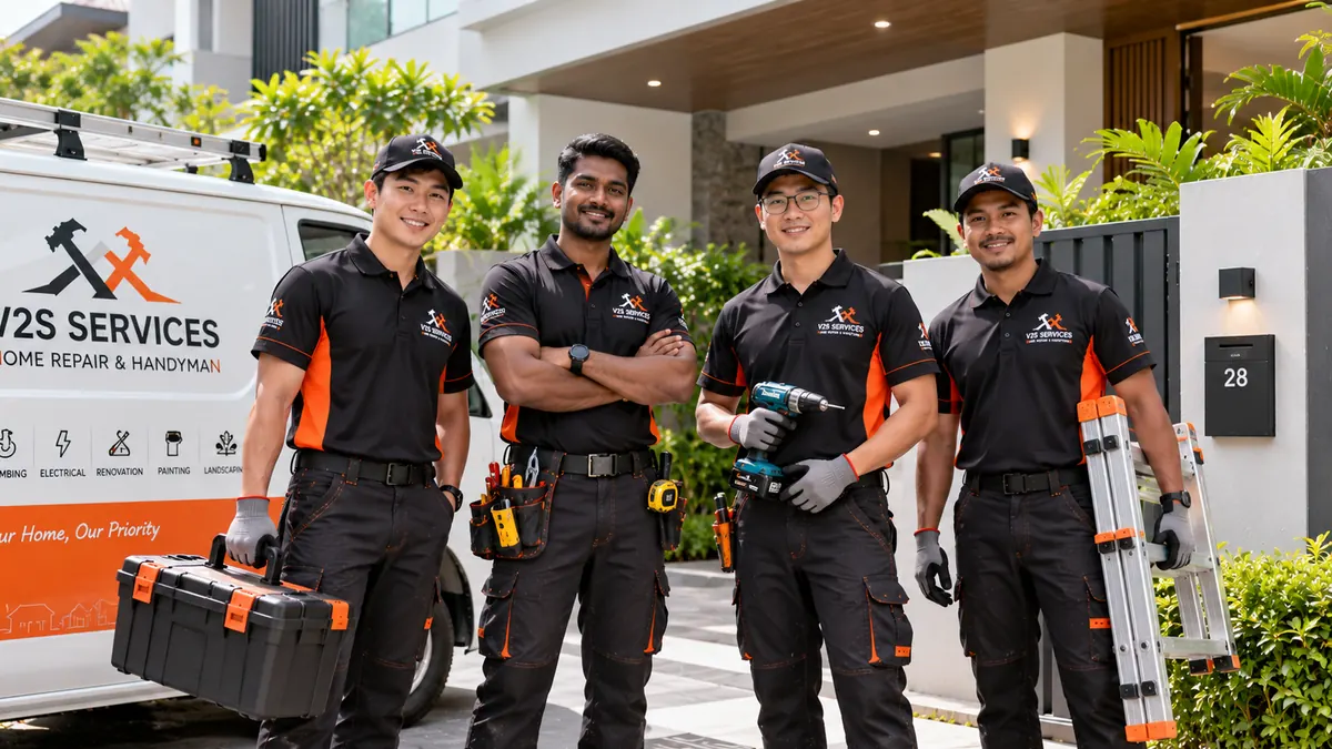 Four technicians in V2S Services uniforms beside a V2S service van