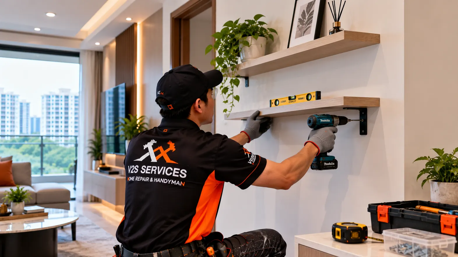 Technician levelling and fixing a floating wall shelf