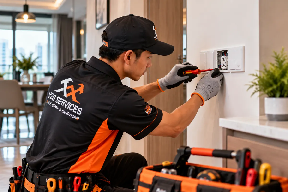Technician replacing a wall switch plate