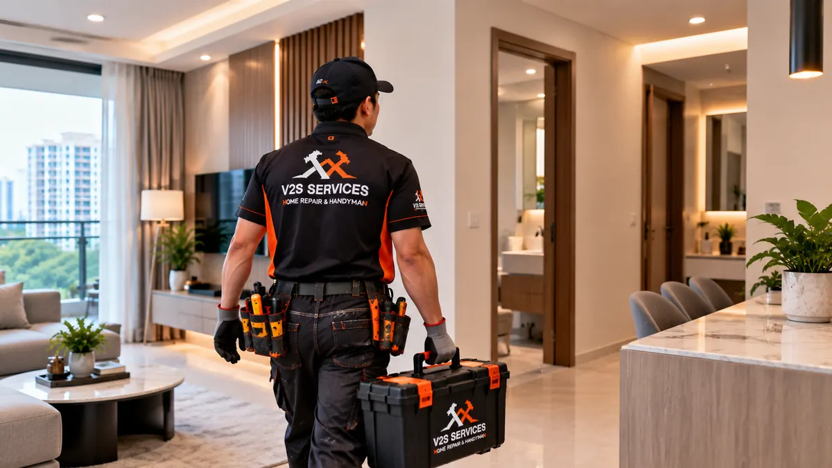 Technician carrying a V2S Services toolbox into an apartment