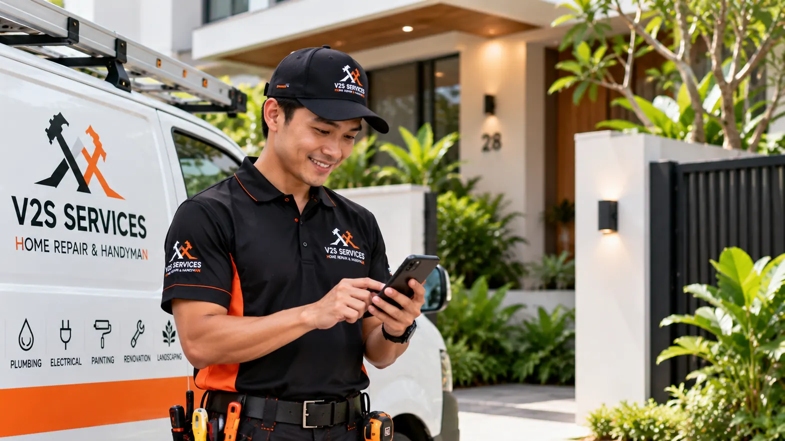 Technician checking his phone beside a V2S Services van