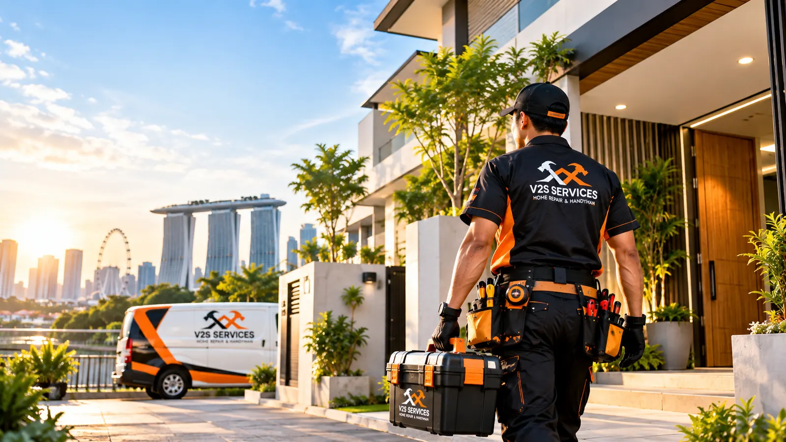 V2S Services technician carrying a toolbox to a home, with the Singapore skyline behind