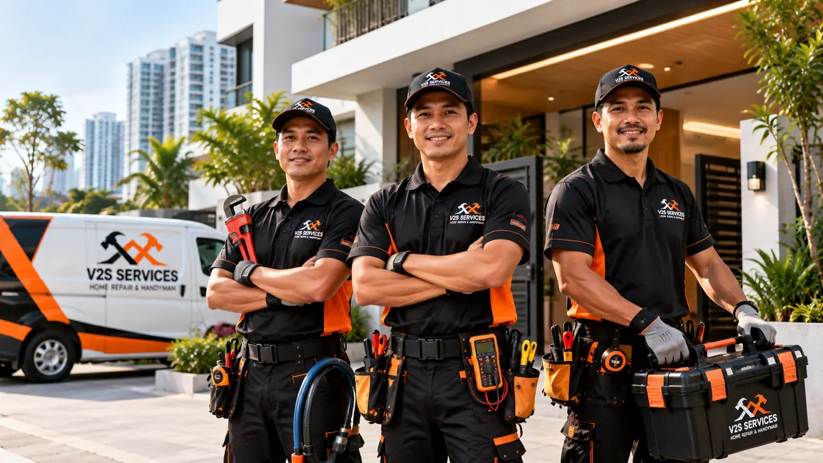 Three technicians in V2S Services uniforms outside a condominium