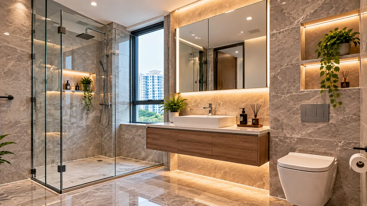 Bathroom with marble-look tiles, glass shower screen and floating vanity