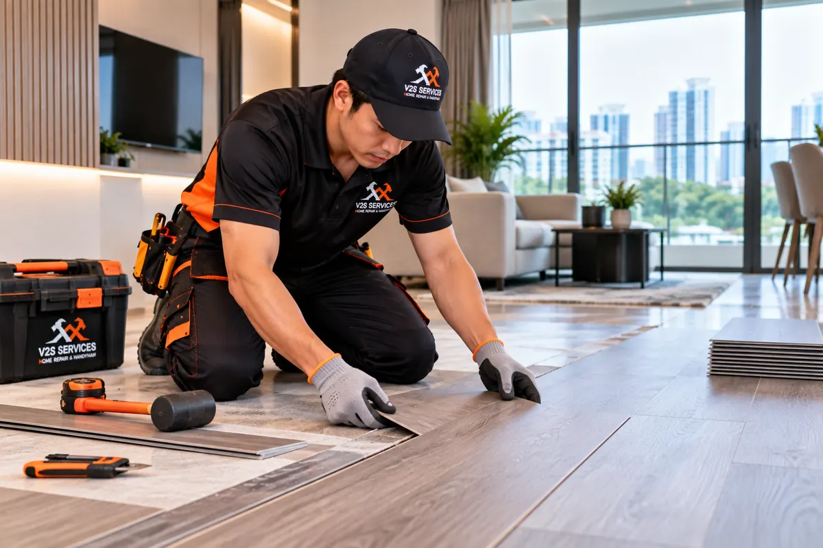 Technician laying vinyl floor planks in a living room