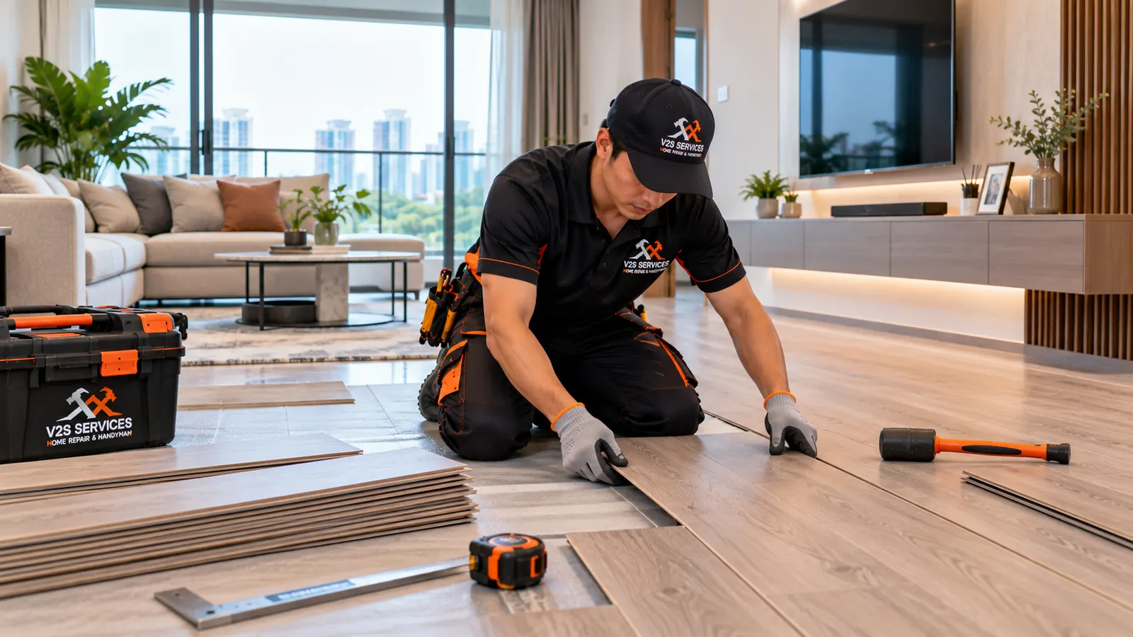 Technician fitting a vinyl plank against the previous row