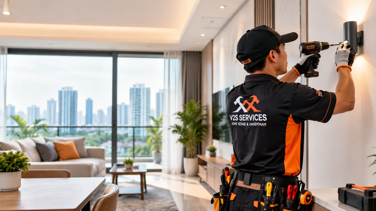 Technician drilling to mount a wall light in a living room