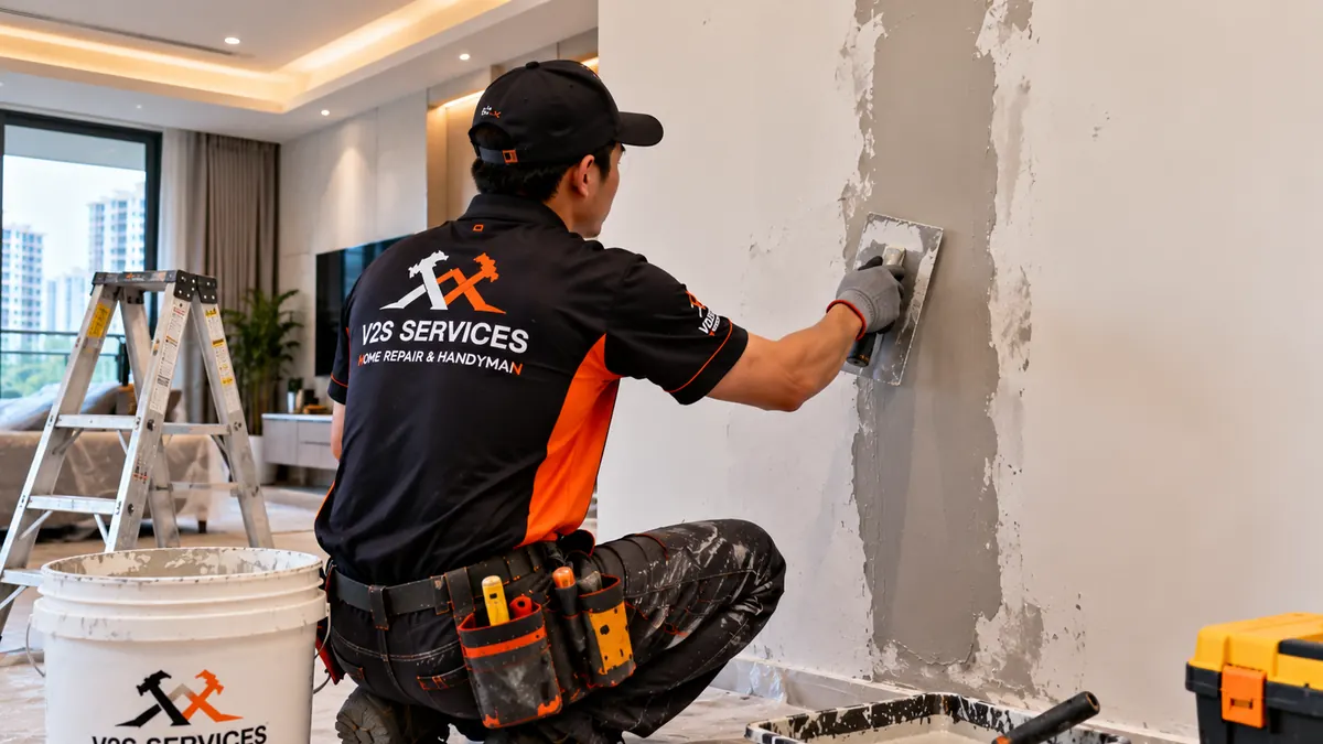 Technician applying skim coat over a patched wall