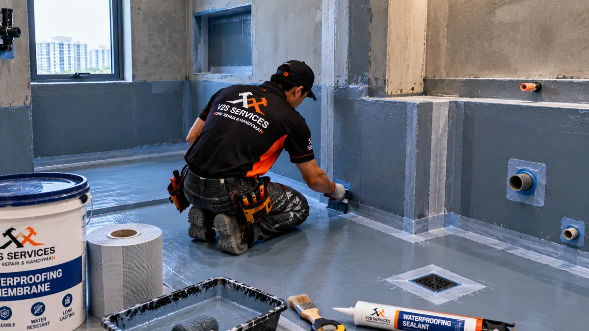 Technician sealing a wall-floor joint in a bathroom before tiling