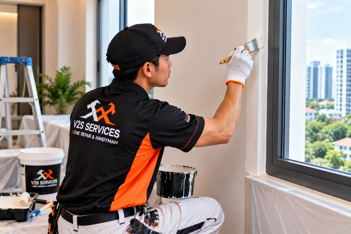 Painter brushing paint along a window frame